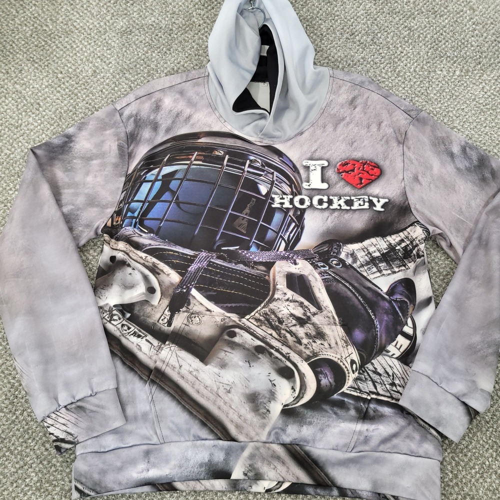 I Love Hockey Graphic Hoodie Small Gray Stretch Performance Pullover Sweatshirt